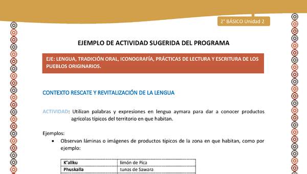 Actividad sugerida Nº 4- LC02 - AYM-U2-01-LR- Utilizan palabras y expresiones en lengua aymara para dar a conocer productos agrícolas típicos del territorio en que habitan.