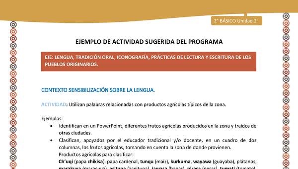 Actividad sugerida Nº 1- LC02 - AYM-U2-01-LS-Utilizan palabras relacionadas con productos agrícolas típicos de la zona