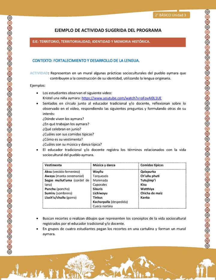Actividad sugerida Nº 8- LC02 - AYM-U2-ET-Representan en un mural algunas prácticas socioculturales del pueblo aymara que contribuyen a la construcción de su identidad, utilizando la lengua originaria