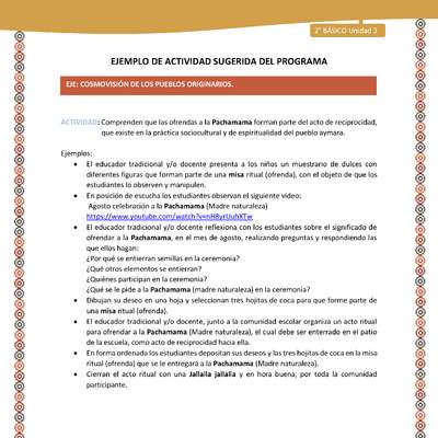 Actividad sugerida Nº 9- LC02 - AYM-U3-ECO-Comprenden que las ofrendas a la Pachamama forman parte del acto de reciprocidad, que existe en la práctica sociocultural y de espiritualidad del pueblo aymara.