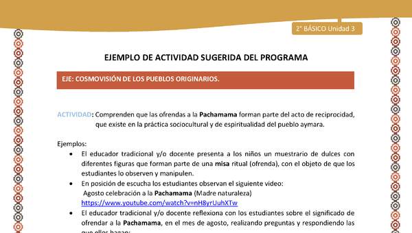 Actividad sugerida Nº 9- LC02 - AYM-U3-ECO-Comprenden que las ofrendas a la Pachamama forman parte del acto de reciprocidad, que existe en la práctica sociocultural y de espiritualidad del pueblo aymara.