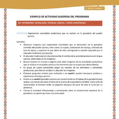 Actividad sugerida Nº 12- LC02 - AYM-U3-12-AYM-U4-12-2B- EP-Representan actividades productivas que se realizan en la ganadería del pueblo aymara.