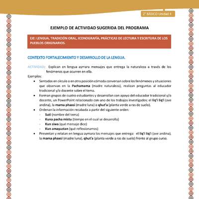 Actividad sugerida Nº 5- LC02 - AYM-U3- 5-AYM-U4-05-2B-LF-Explican en lengua aymara mensajes que entrega la naturaleza a través de los fenómenos que ocurren en ella