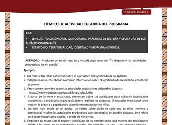 Actividad sugerida: LC01 - Diaguita - U3 - N°3: PRODUCEN UN RELATO (ESCRITO Y VISUAL) CUYO TEMA ES: “YO DIAGUITA Y LAS ACTIVIDADES PRODUCTIVAS DE MI PUEBLO”.