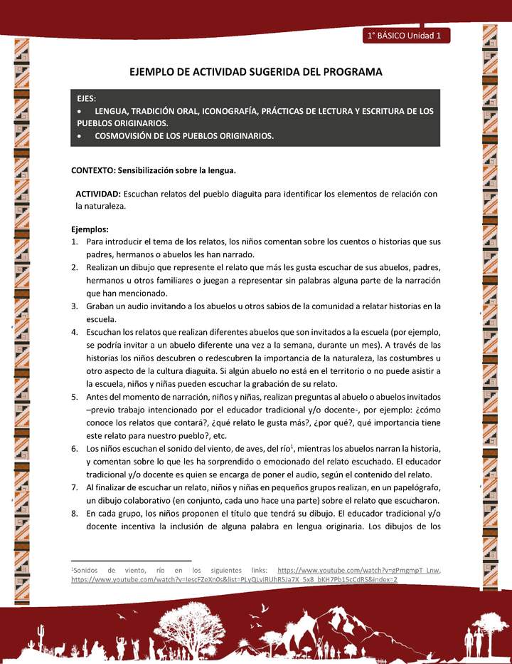 Actividad sugerida: LC01 - Diaguita - U1 - N°1: ESCUCHAN RELATOS DEL PUEBLO DIAGUITA PARA IDENTIFICAR LOS ELEMENTOS DE RELACIÓN CON LA NATURALEZA.