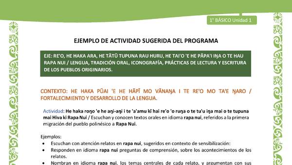 Actividad sugerida LC01 - Rapa Nui - U1 - N°09: Escuchan y conocen textos orales en idioma rapa nui, referidos a la primera migración del pueblo polinésico a Rapa Nui.