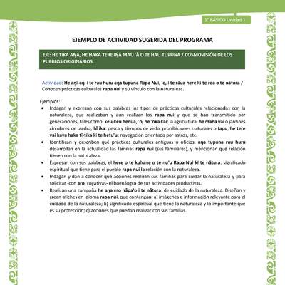 Actividad sugerida LC01 - Rapa Nui - U1 - N°15: Conocen prácticas culturales rapa nui y su vínculo con la naturaleza.