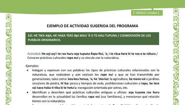 Actividad sugerida LC01 - Rapa Nui - U1 - N°15: Conocen prácticas culturales rapa nui y su vínculo con la naturaleza.