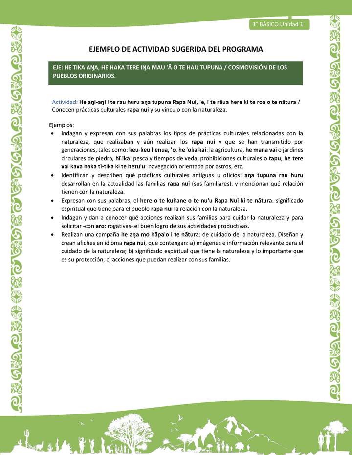 Actividad sugerida LC01 - Rapa Nui - U1 - N°15: Conocen prácticas culturales rapa nui y su vínculo con la naturaleza.