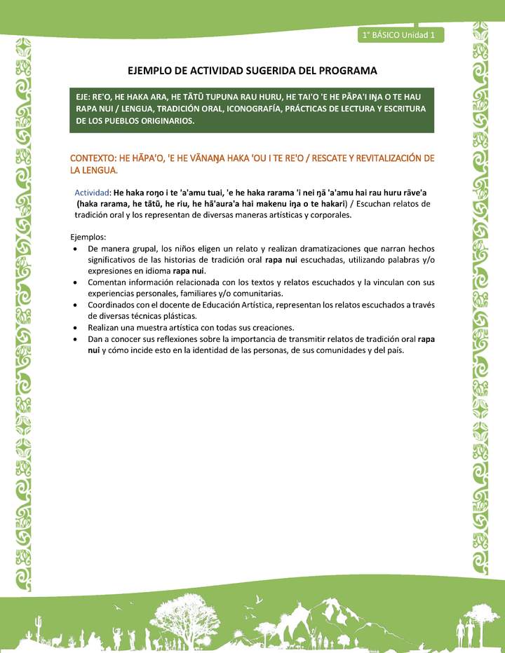 Actividad sugerida LC01 - Rapa Nui - U1 - N°08:  Escuchan relatos de tradición oral y los representan de diversas maneras artísticas y corporales.