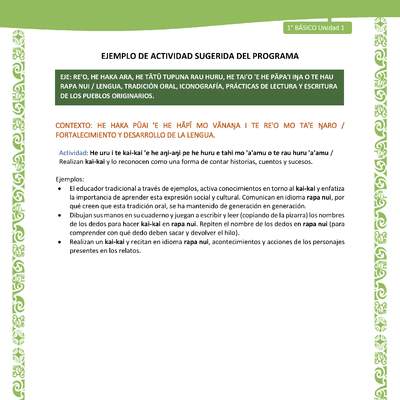 Actividad sugerida LC01 - Rapa Nui - U1 - N°11: Realizan kai-kai y lo reconocen como una forma de contar historias, cuentos y sucesos.