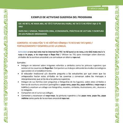 Actividad sugerida LC01 - Rapa Nui - U2 - N°31: Utilizan las TICs para investigar sobre diversos símbolos de la escritura ancestral y se comunican en idioma rapa nui.
