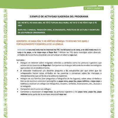 Actividad sugerida LC01 - Rapa Nui - U2 - N°31: Utilizan las TICs para investigar sobre diversos símbolos de la escritura ancestral y se comunican en idioma rapa nui.