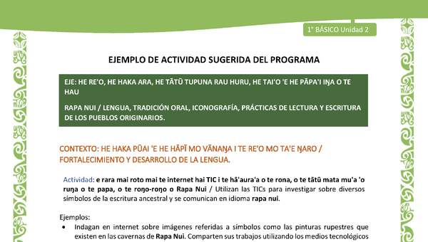 Actividad sugerida LC01 - Rapa Nui - U2 - N°31: Utilizan las TICs para investigar sobre diversos símbolos de la escritura ancestral y se comunican en idioma rapa nui.