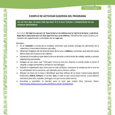 Actividad sugerida LC01 - Rapa Nui - U2 - N°37:  Identifican los ciclos lunares y su relación con experiencias y actividades de los rapa nui.