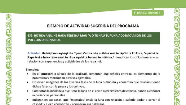 Actividad sugerida LC01 - Rapa Nui - U2 - N°37:  Identifican los ciclos lunares y su relación con experiencias y actividades de los rapa nui.