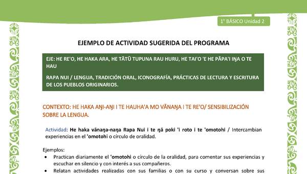 Actividad sugerida LC01 - Rapa Nui - U2 - N°17: Intercambian experiencias en el 'omotohi o círculo de oralidad.