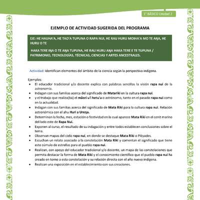 Actividad sugerida LC01 - Rapa Nui - U2 - N°41: Identifican elementos del ámbito de la ciencia según la perspectiva indígena.