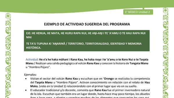 Actividad sugerida LC01 - Rapa Nui - U2 - N°34: Realizan una salida pedagógica al volcán Ranu Kau y conocen la historia de Tangata Manu u “Hombre Pájaro”.
