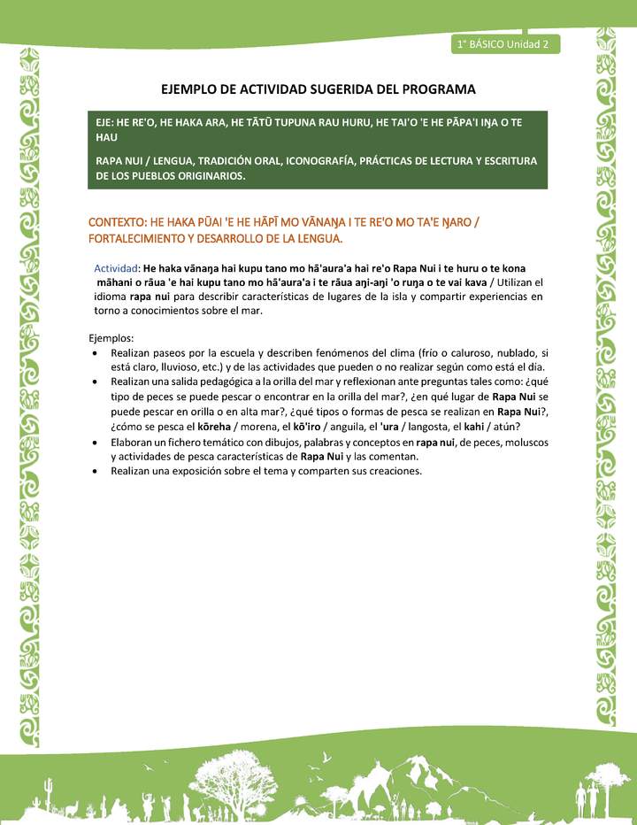 Actividad sugerida LC01 - Rapa Nui - U2 - N°28: Utilizan el idioma rapa nui para describir características de lugares de la isla y compartir experiencias en torno a conocimientos sobre el mar.