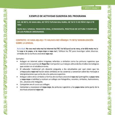 Actividad sugerida LC01 - Rapa Nui - U2 - N°20: Utilizan las TIC para investigar sobre diversos símbolos de la escritura ancestral rapa nui.