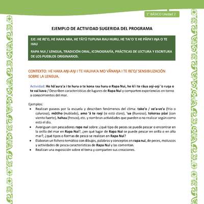 Actividad sugerida LC01 - Rapa Nui - U2 - N°18: Describen características de lugares de Rapa Nui y comparten experiencias en torno a conocimientos del mar.