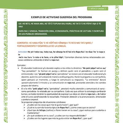 Actividad sugerida LC01 - Rapa Nui - U2 - N°29: Comentan diversos temas relacionados con cosas cotidianas utilizando el idioma rapa nui.