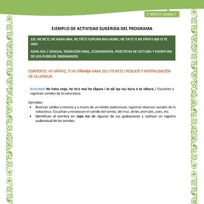 Actividad sugerida LC01 - Rapa Nui - U2 - N°25: Escuchan y registran sonidos de la naturaleza.