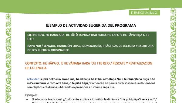 Actividad sugerida LC01 - Rapa Nui - U2 - N°24: Comentan en pareja diversos temas relacionados con objetos cotidianos, utilizando expresiones en idioma rapa nui.