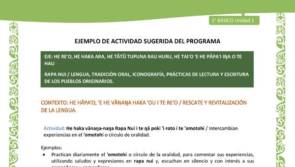 Actividad sugerida LC01 - Rapa Nui - U2 - N°22: Intercambian experiencias en el 'omotohi o círculo de oralidad.