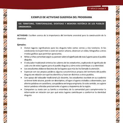 Actividad sugerida: LC02 - Diaguita - U4 - N°4:  ESCRIBEN ACERCA DE LA IMPORTANCIA DEL TERRITORIO ANCESTRAL PARA LA CONSTRUCCIÓN DE LA IDENTIDAD.