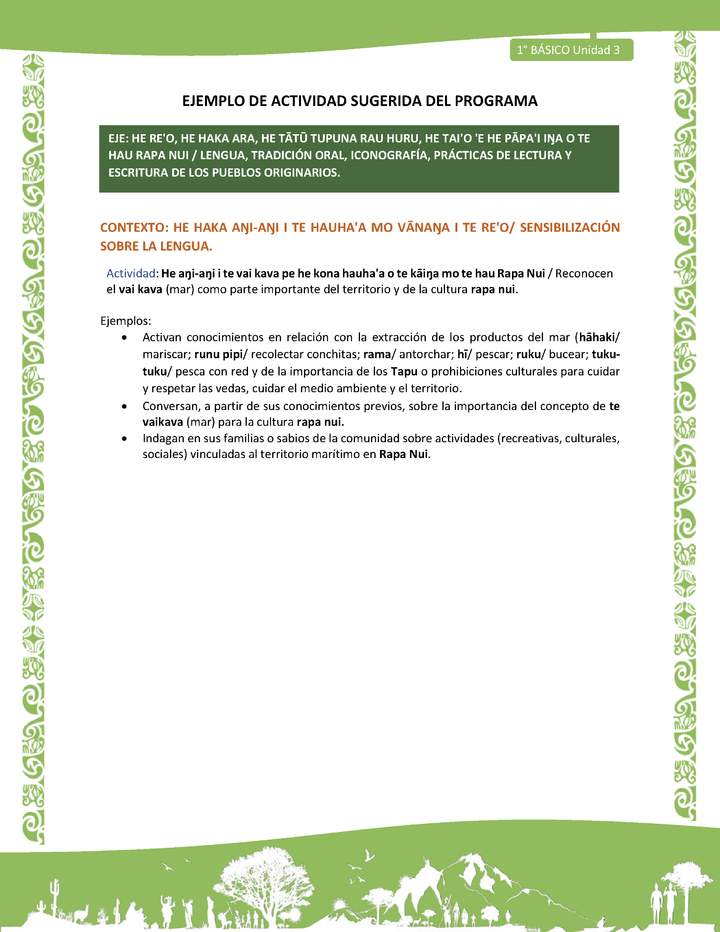 Actividad sugerida LC01 - Rapa Nui - U3 - N°43: Reconocen el vai kava (mar) como parte importante del territorio y de la cultura rapa nui.