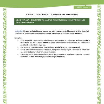 Actividad sugerida LC01 - Rapa Nui - U3 - N°58: Definen su participación en el Mahana o te Re'o Rapa Nui o Día de la Lengua Rapa Nui.