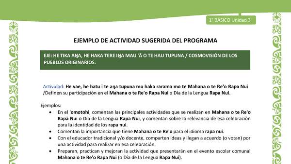 Actividad sugerida LC01 - Rapa Nui - U3 - N°58: Definen su participación en el Mahana o te Re'o Rapa Nui o Día de la Lengua Rapa Nui.