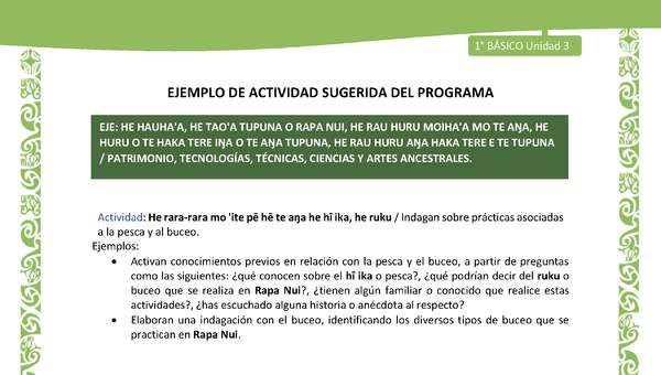 Actividad sugerida LC01 - Rapa Nui - U3 - N°62: Indagan sobre prácticas asociadas a la pesca y al buceo.