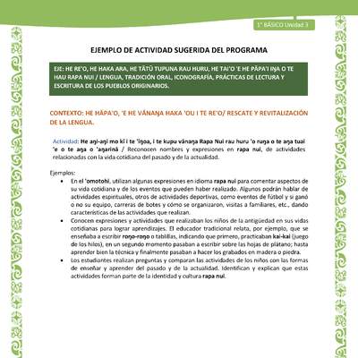 Actividad sugerida LC01 - Rapa Nui - U3 - N°48: Reconocen nombres y expresiones en rapa nui, de actividades relacionadas con la vida cotidiana del pasado y de la actualidad.