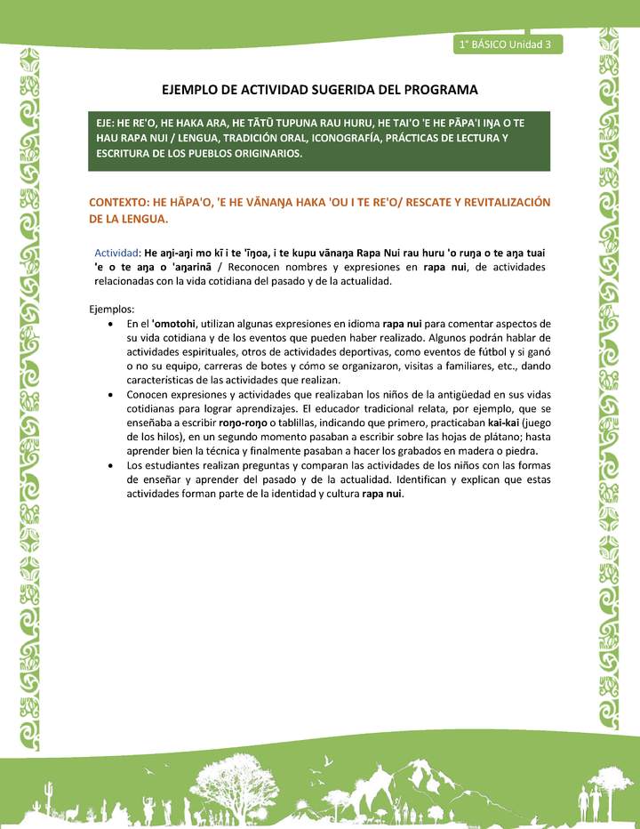 Actividad sugerida LC01 - Rapa Nui - U3 - N°48: Reconocen nombres y expresiones en rapa nui, de actividades relacionadas con la vida cotidiana del pasado y de la actualidad.