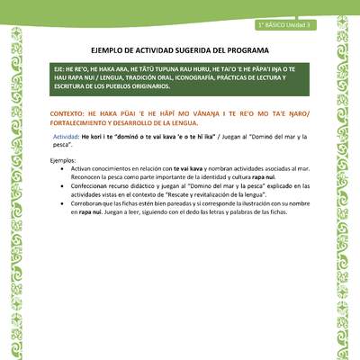 Actividad sugerida LC01 - Rapa Nui - U3 - N°52: Juegan al “Dominó del mar y la pesca”. Actividad sugerida LC01 - Rapa Nui - U3 - N°52: Juegan al “Dominó del mar y la pesca”.