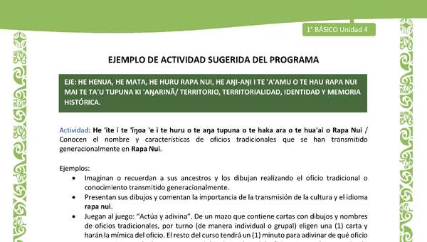 Actividad sugerida LC01 - Rapa Nui - U4 - N°84: Conocen el nombre y características de oficios tradicionales que se han transmitido generacionalmente en Rapa Nui.