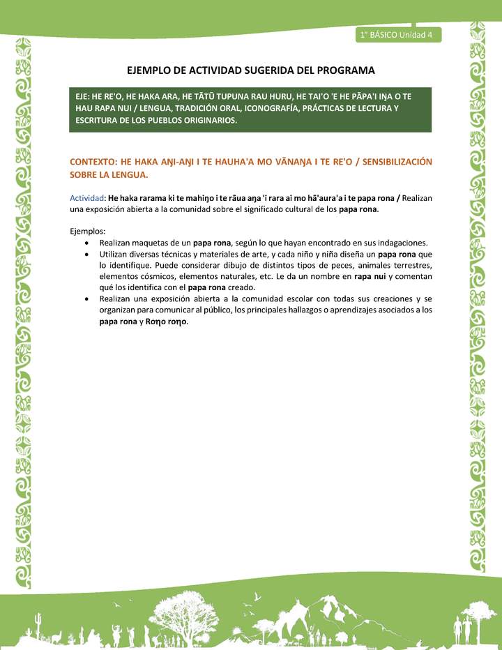 Actividad sugerida LC01 - Rapa Nui - U4 - N°69: Realizan una exposición abierta a la comunidad sobre el significado cultural de los papa rona.