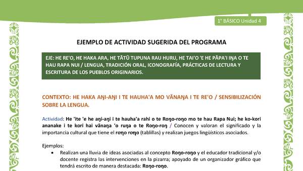 Actividad sugerida LC01 - Rapa Nui - U4 - N°66: Conocen y valoran el significado y la importancia cultural que tiene el roo roo (tablillas) y realizan juegos lingüísticos asociados.