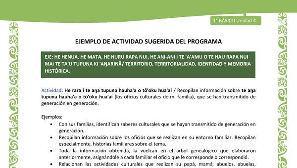 Actividad sugerida LC01 - Rapa Nui - U4 - N°83: Recopilan información sobre te aŋa tupuna hauha'a o tō'oku hua'ai (los oficios culturales de mi familia), que se han transmitido de generación en generación.