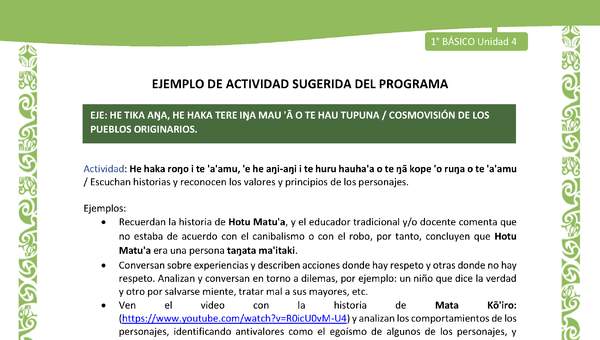 Actividad sugerida LC01 - Rapa Nui - U4 - N°86: Escuchan historias y reconocen los valores y principios de los personajes.