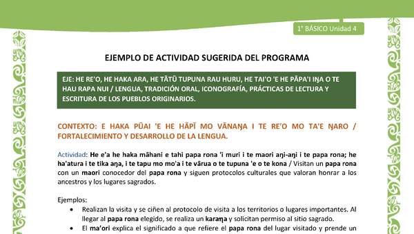 Actividad sugerida LC01 - Rapa Nui - U4 - N°80: Visitan un papa rona con un maori conocedor del papa rona y siguen protocolos culturales que valoran honrar a los ancestros y los lugares sagrados.