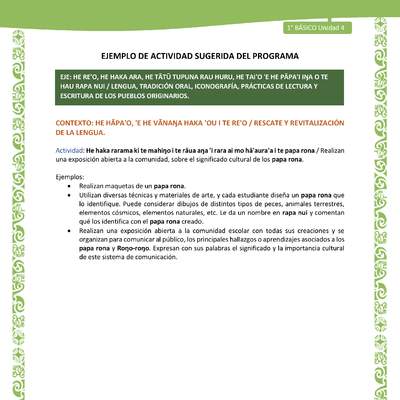 Actividad sugerida LC01 - Rapa Nui - U4 - N°74: Realizan una exposición abierta a la comunidad, sobre el significado cultural de los papa rona.