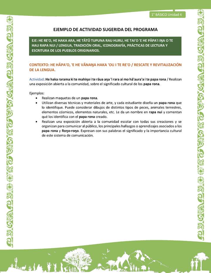 Actividad sugerida LC01 - Rapa Nui - U4 - N°74: Realizan una exposición abierta a la comunidad, sobre el significado cultural de los papa rona.