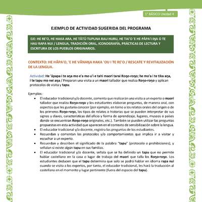 Actividad sugerida LC01 - Rapa Nui - U4 - N°71: Preparan una visita a un maori tallador que realiza Roŋo-roŋo y aplican protocolos de visita y tapu.