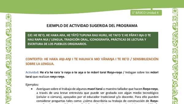 Actividad sugerida LC01 - Rapa Nui - U4 - N°67: Indagan sobre los māori tarai que realizan roo roo.