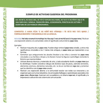 Actividad sugerida LC01 - Rapa Nui - U4 - N°81: Realizan una exposición abierta a la comunidad, sobre el significado cultural de los papa rona.