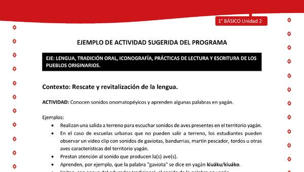 Actividad sugerida Nº 3- LC01 - YAG-U2-LR - Conocen sonidos onomatopéyicos y aprenden algunas palabras en yagán